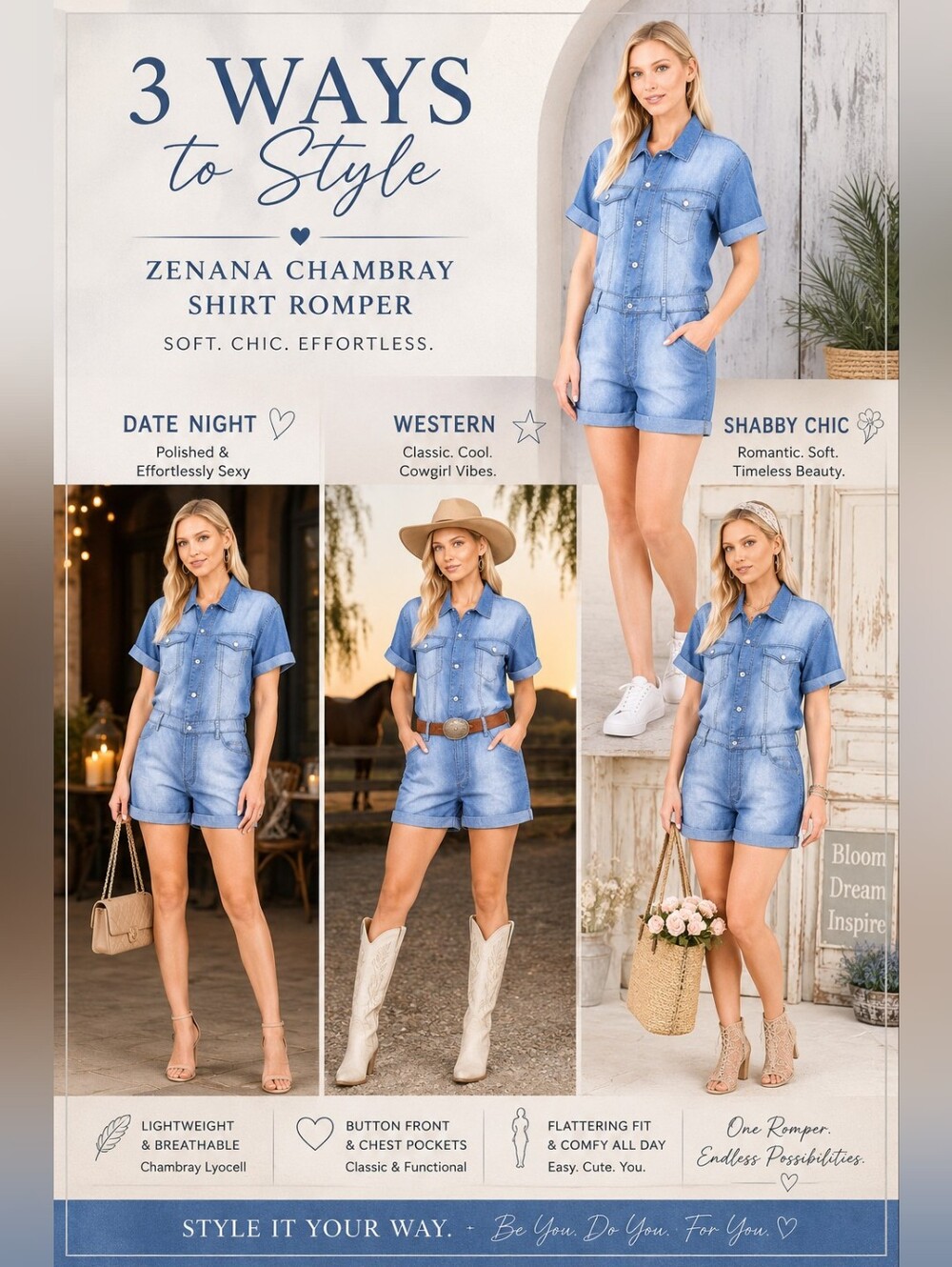 Zenana Chambray | Shirt Romper – Denim Lyocell Button Front - Picture 2 of 4